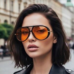 Retro Oversized Orange Lens Aviator Sunglasses for Women Bold Statement Fashion